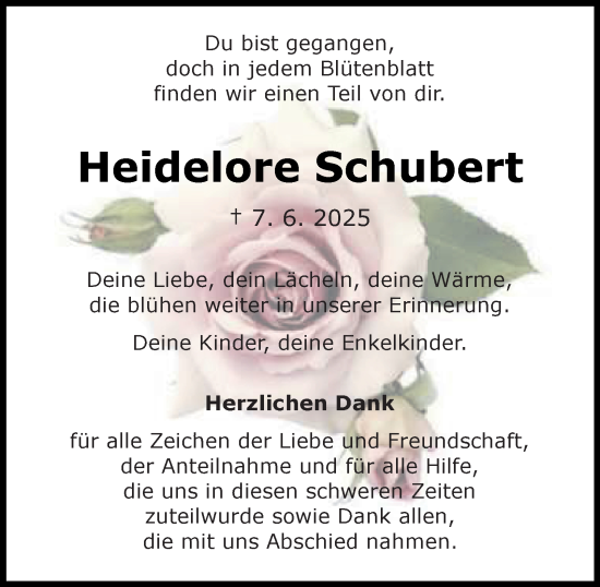 Traueranzeige von Heidelore Schubert von Harz Kurier