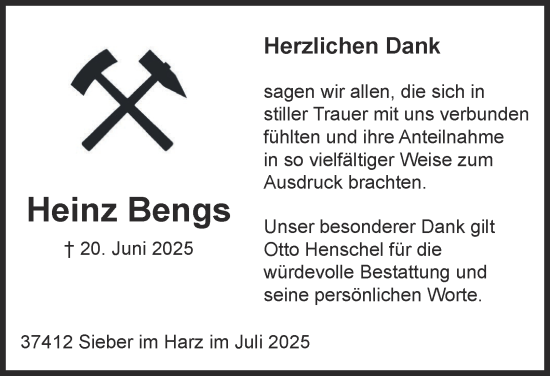 Traueranzeige von Heinz Bengs von Harz Kurier