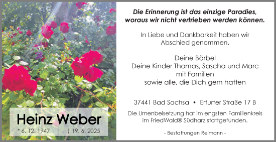 Traueranzeige von Heinz Weber von Harz Kurier