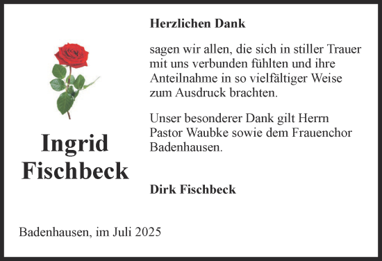 Traueranzeige von Ingrid Fischbeck von Harz Kurier