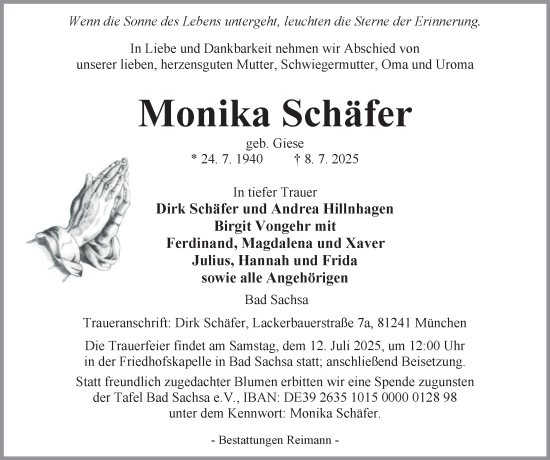 Traueranzeige von Monika Schäfer von Harz Kurier