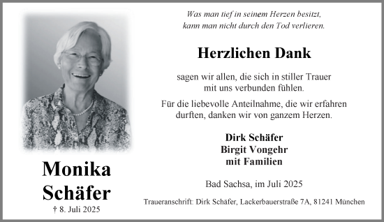 Traueranzeige von Monika Schäfer von Harz Kurier