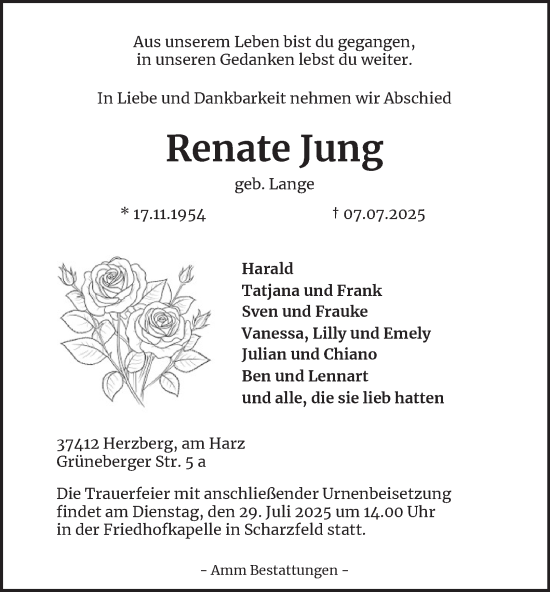 Traueranzeige von Renate Jung von Harz Kurier