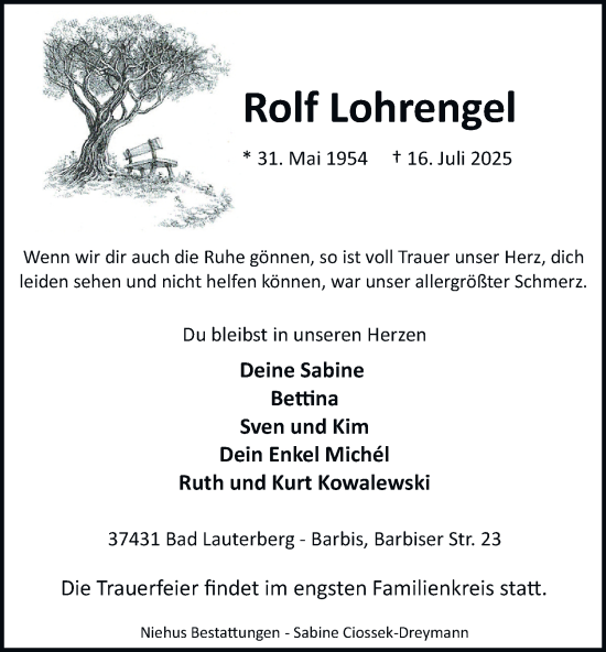 Traueranzeige von Rolf Lohrengel von Harz Kurier