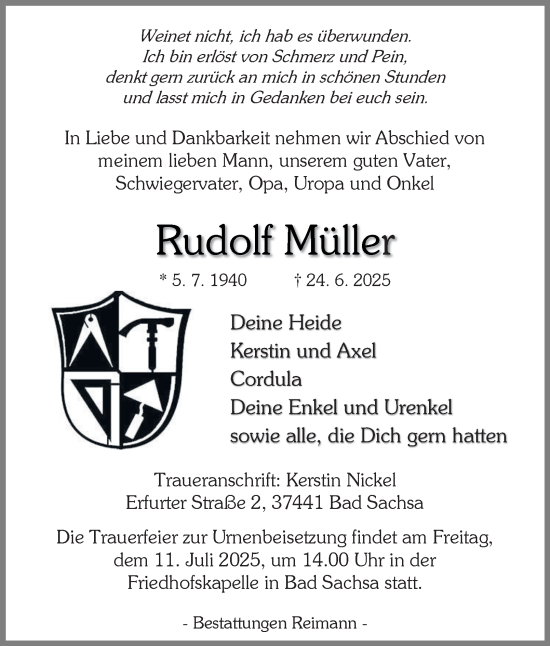 Traueranzeige von Rudolf Müller von Harz Kurier