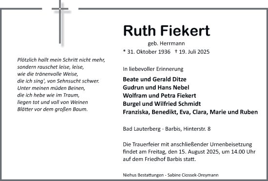 Traueranzeige von Ruth Fiekert von Harz Kurier