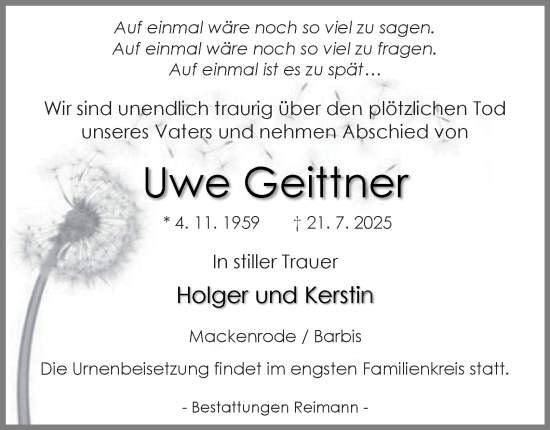 Traueranzeige von Uwe Geittner von Harz Kurier