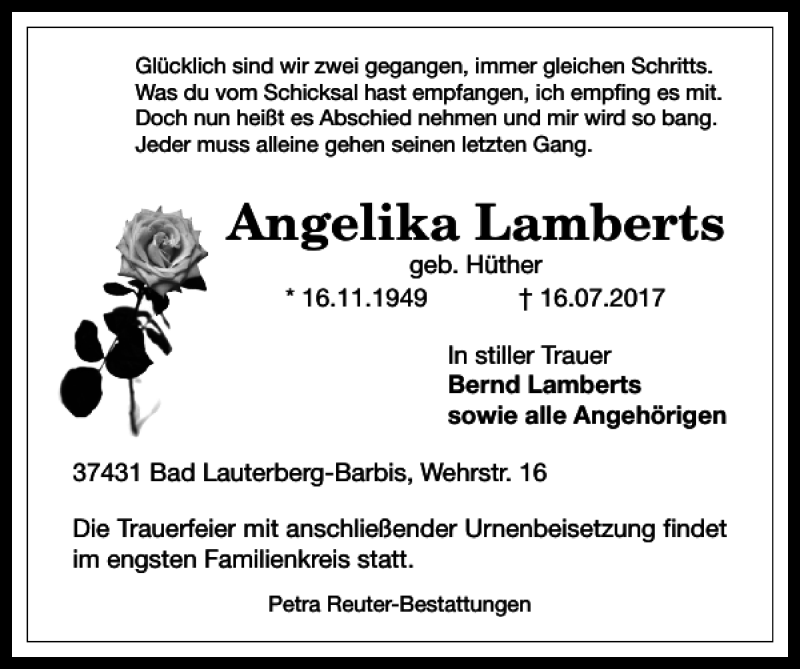  Traueranzeige für Angelika Lamberts vom 18.07.2017 aus Harz Kurier
