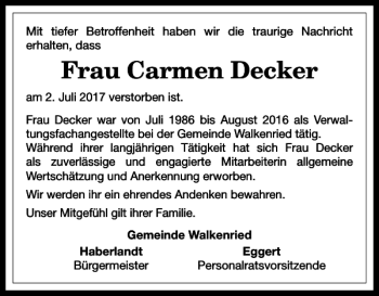 Traueranzeige von Frau Carmen Decker von Harz Kurier