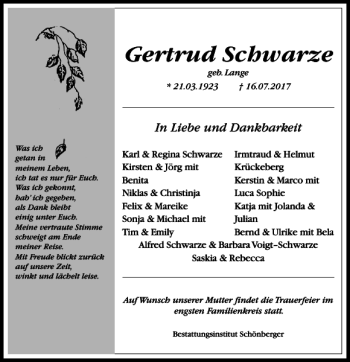 Traueranzeige von Gertrud Schwarze von Harz Kurier