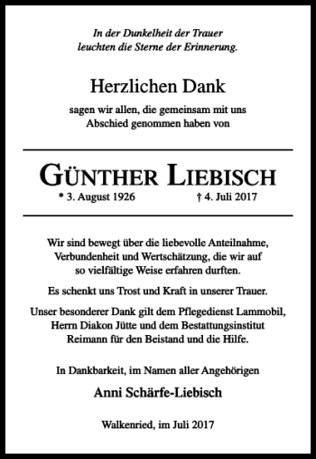 Traueranzeige von Günther Liebisch von Harz Kurier