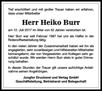Traueranzeige von Heiko Burr von Harz Kurier