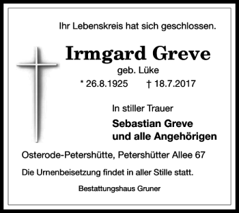Traueranzeige von Irmgard Greve von Harz Kurier