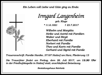 Traueranzeige von Irmgard Langenheim von Harz Kurier