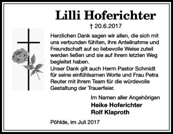 Traueranzeige von Lilli Hoferichter von Harz Kurier