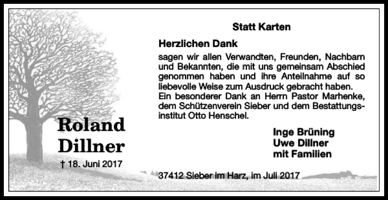  Traueranzeige für Roland Dillner vom 08.07.2017 aus Harz Kurier