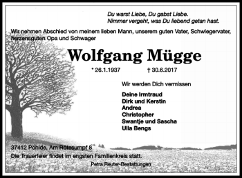 Traueranzeige von Wolfgang Mügge von Harz Kurier
