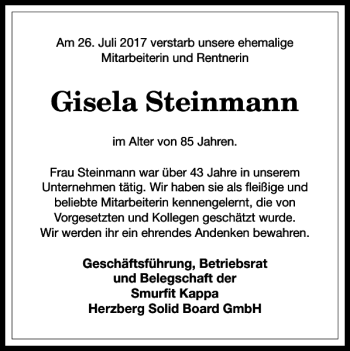 Traueranzeige von Gisela Steinmann von Harz Kurier