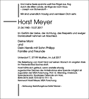 Traueranzeige von Horst Meyer von Harz Kurier