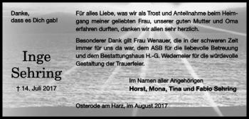 Traueranzeige von Inge Sehring von Harz Kurier