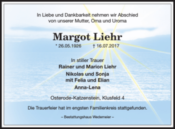 Traueranzeige von Margot Liehr von Harz Kurier