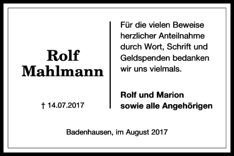  Traueranzeige für Rolf Mahlmann vom 09.08.2017 aus Harz Kurier