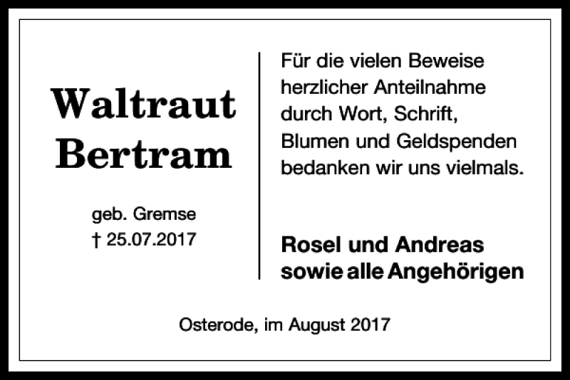  Traueranzeige für Waltraut Bertram vom 19.08.2017 aus Harz Kurier