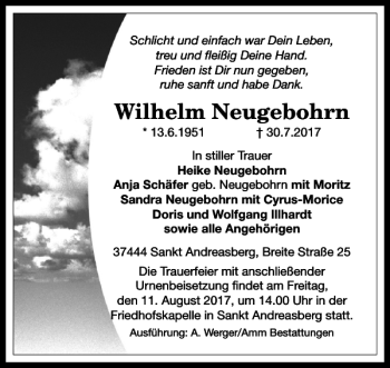 Traueranzeige von Wilhelm Neugebohrn von Harz Kurier