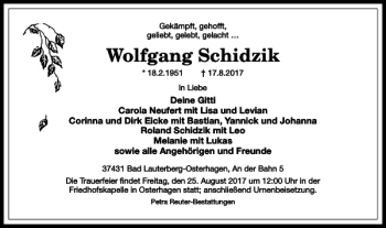 Traueranzeige von Wolfgang Schidzik von Harz Kurier