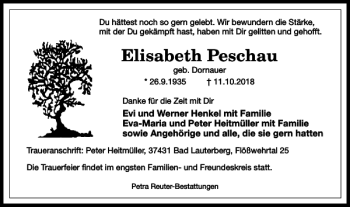Traueranzeige von Elisabeth Peschau von Harz Kurier