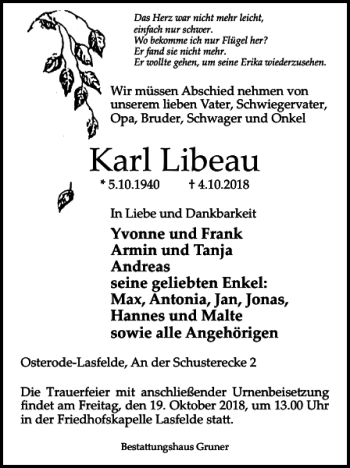 Traueranzeige von Karl Libeau von Harz Kurier