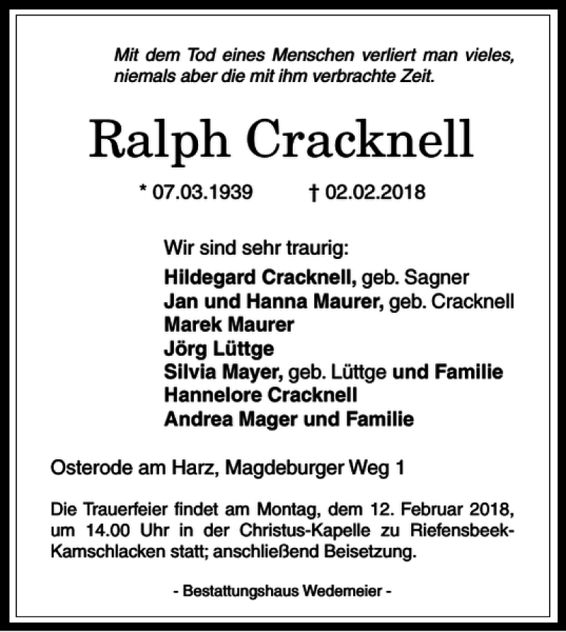  Traueranzeige für Ralph Cracknell vom 07.02.2018 aus Harz Kurier
