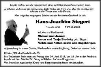 Traueranzeige von Hans-Joachim Siegert von Echo zum Sonntag