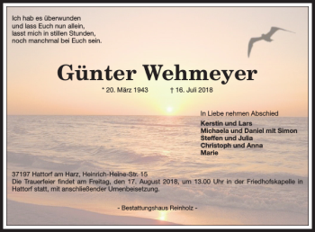 Traueranzeige von Günter Wehmeyer von Harz Kurier