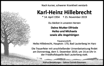 Traueranzeige von Karl-Heinz Hillebrecht von Harz Kurier