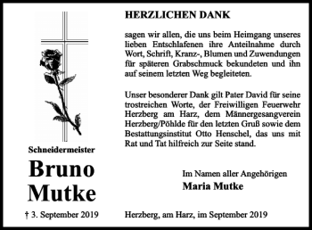 Traueranzeige von Bruno Mutke von Harz Kurier