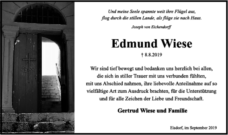  Traueranzeige für Edmund Wiese vom 21.09.2019 aus Harz Kurier