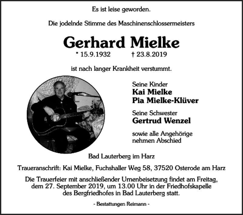  Traueranzeige für Gerhard Mielke vom 14.09.2019 aus Harz Kurier