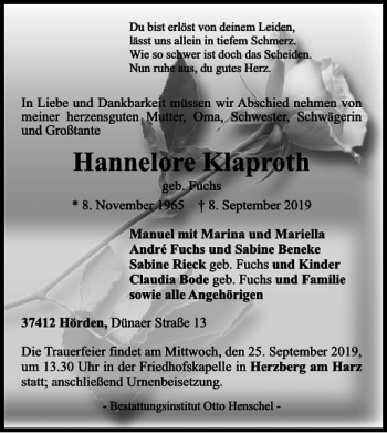 Traueranzeige von Hannelore Klaproth von Harz Kurier