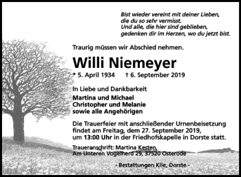 Traueranzeige von Willi Niemeyer von Harz Kurier