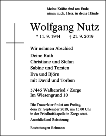 Traueranzeige von Wolfgang Nutz von Harz Kurier