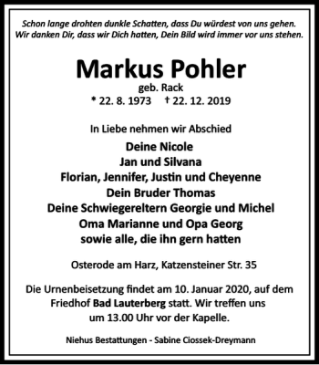 Traueranzeige von Markus Pohler von Harz Kurier