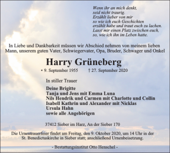 Traueranzeige von Harry Grüneberg von Harz Kurier