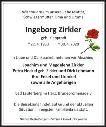 Traueranzeige von Ingeborg Zirkler von Harz Kurier