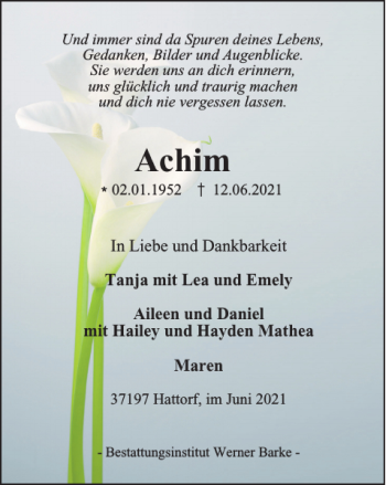 Traueranzeige von Achim  von Harz Kurier