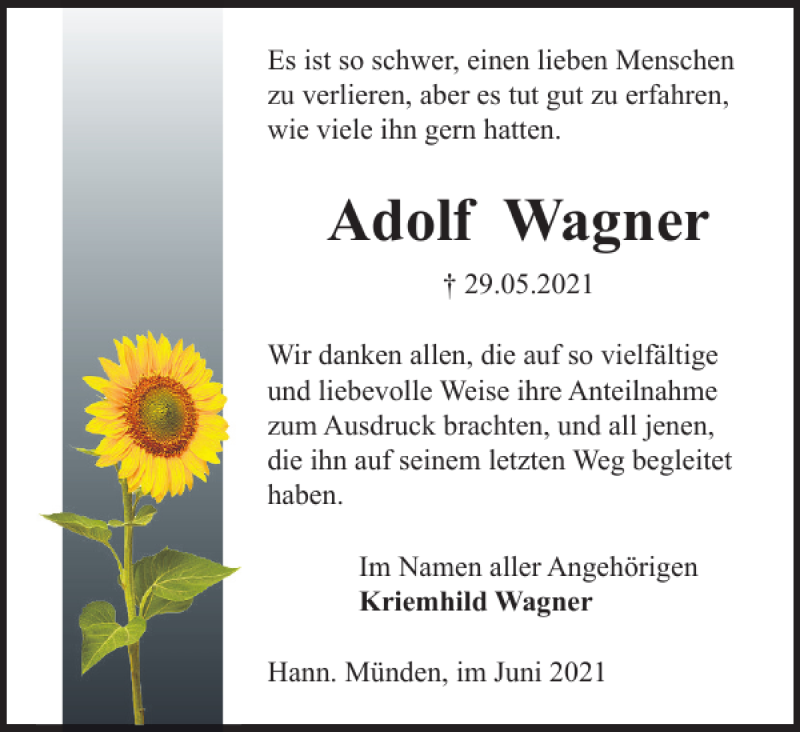  Traueranzeige für Adolf Wagner vom 26.06.2021 aus Harz Kurier