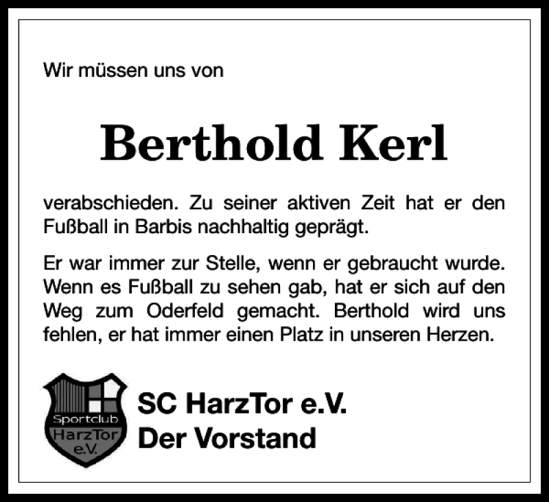  Traueranzeige für Berthold Kerl vom 30.06.2021 aus Harz Kurier