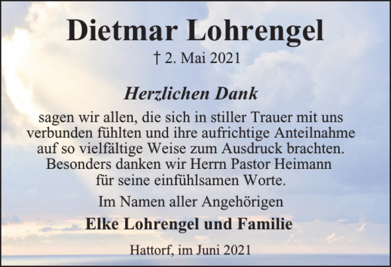  Traueranzeige für Dietmar Lohrengel vom 28.06.2021 aus Harz Kurier