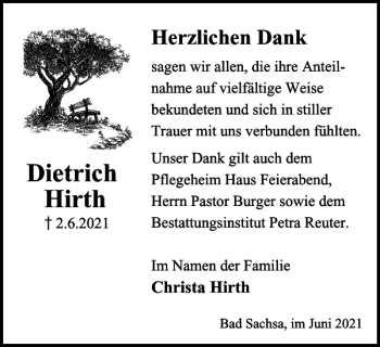 Traueranzeige von Dietrich Hirth von Harz Kurier
