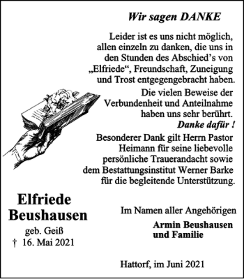 Traueranzeige von Elfriede Beushausen von Harz Kurier